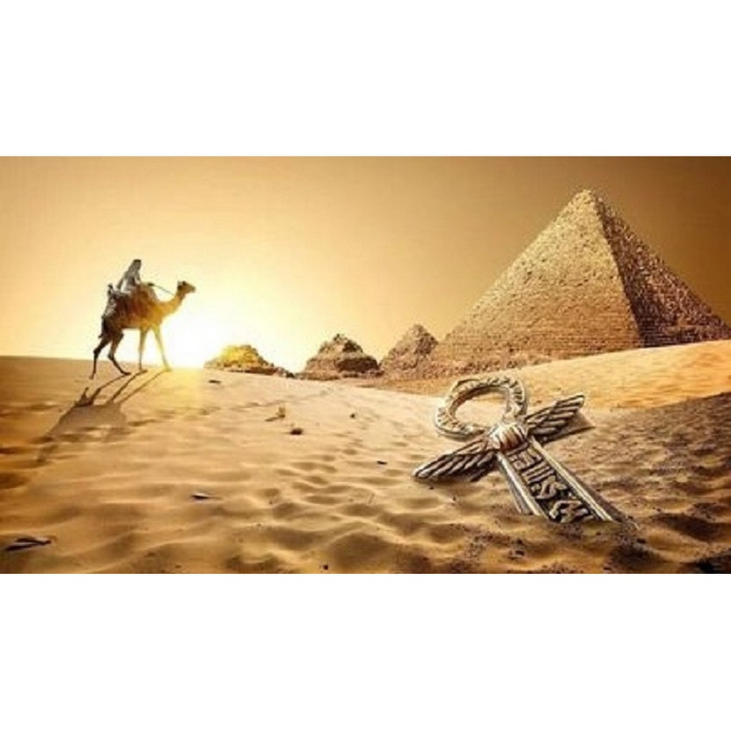 Kamel og pyramider - Runde sten - 40 x 70 cm - Lærred, sten, pen, bakke, gele