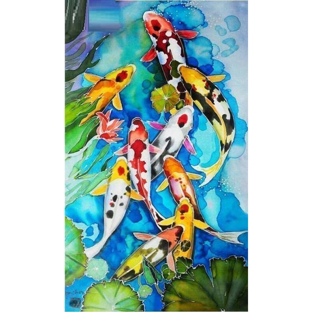 Koi karper - Runde sten - 50 x 80 cm - Lærred, sten, pen, bakke, gele, poser til stenene