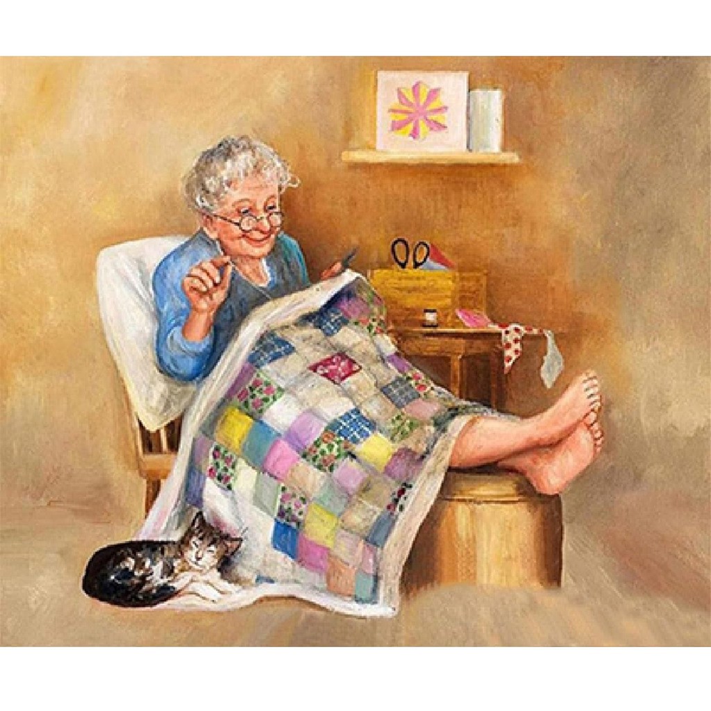 Ældre dame syer - Firkantede sten - 60 x 50 cm - Lærred, sten, pen, bakke, gele, poser til stenene