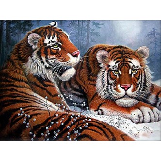 To tigre i skoven - Firkantede sten - 60 x 45 cm - Lærred, sten, pen, bakke, gele, poser til stenene