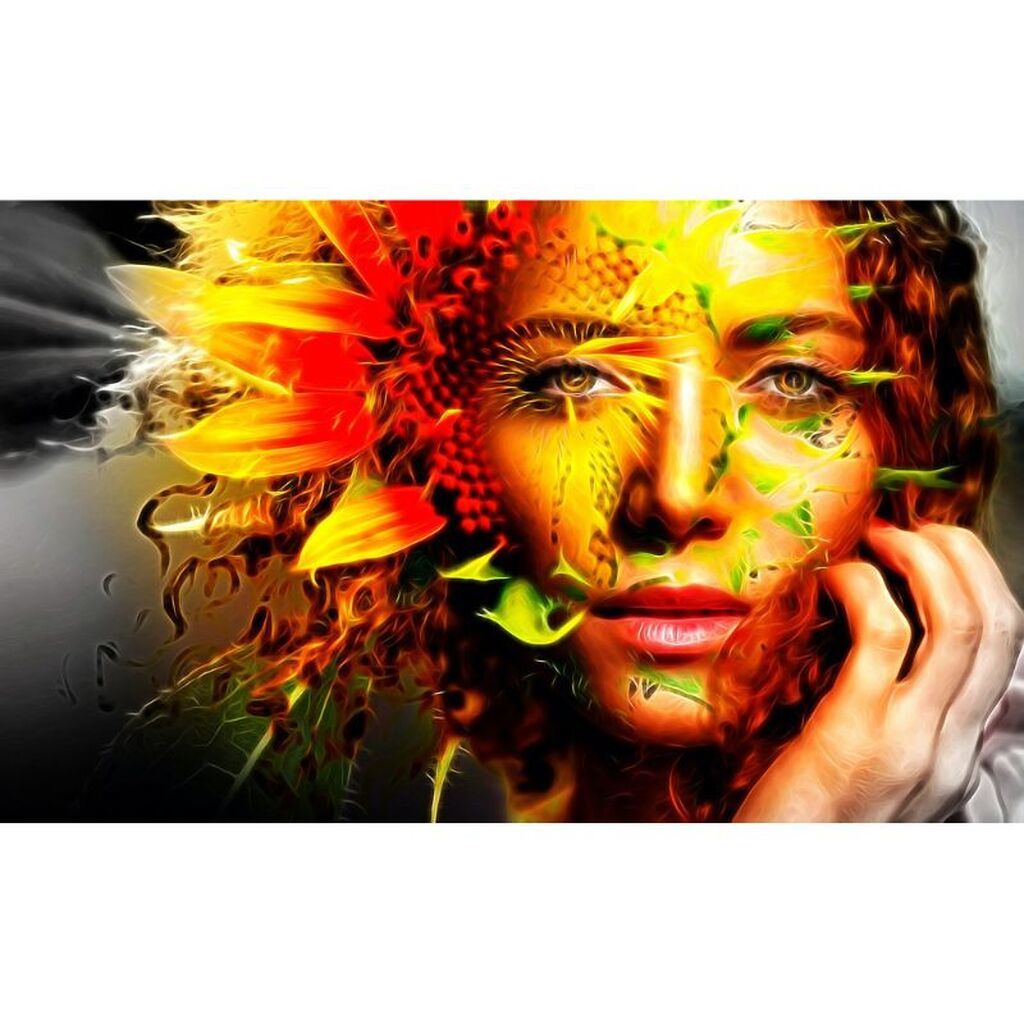 Kvinde i solsikke - Premium - Firkantede sten - 120 x 80 cm - Lærred, sten, pen, bakke, gele, poser til stenene - med-saml-selv-ramme