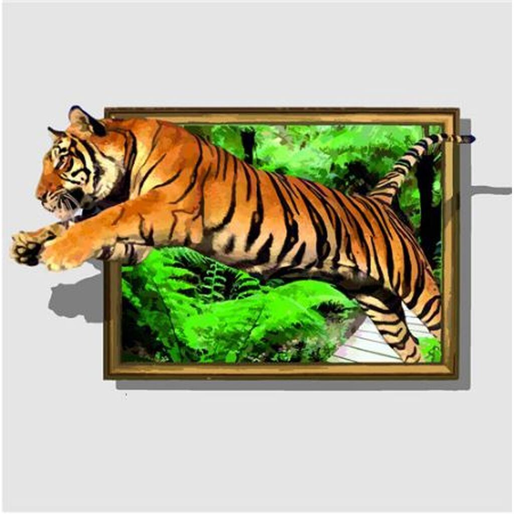 Tiger ud af jungle - Runde sten - 50 x 50 cm - heldaekkende - Lærred, sten, pen, bakke, gele