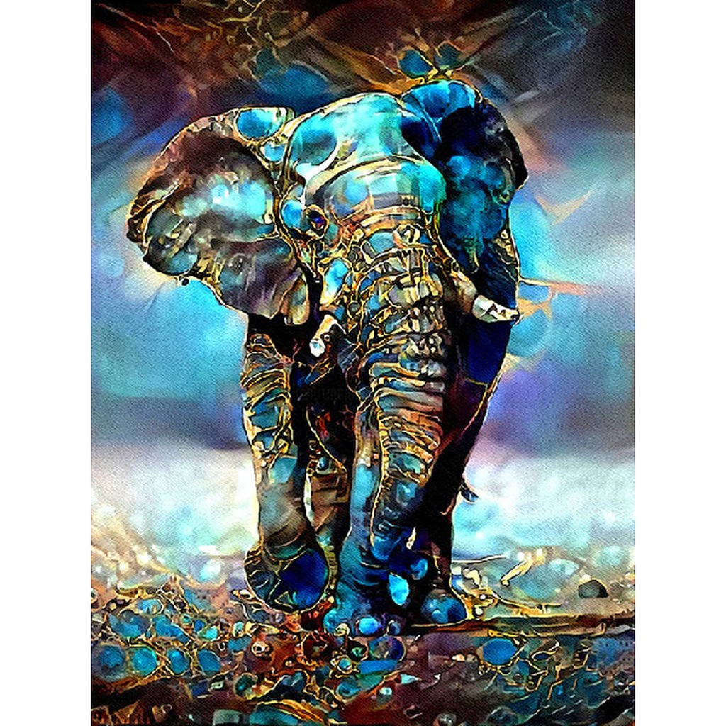 Dekorativ blå elefant - Firkantede sten - 60 x 80 cm - Lærred, sten, pen, bakke, gele