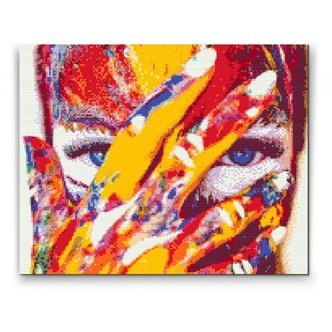 Kvinde med blå øjne - Premium - Firkantede sten - 40 x 30 cm - Lærred, sten, pen, bakke, gele, poser til stenene - med-saml-selv-ramme