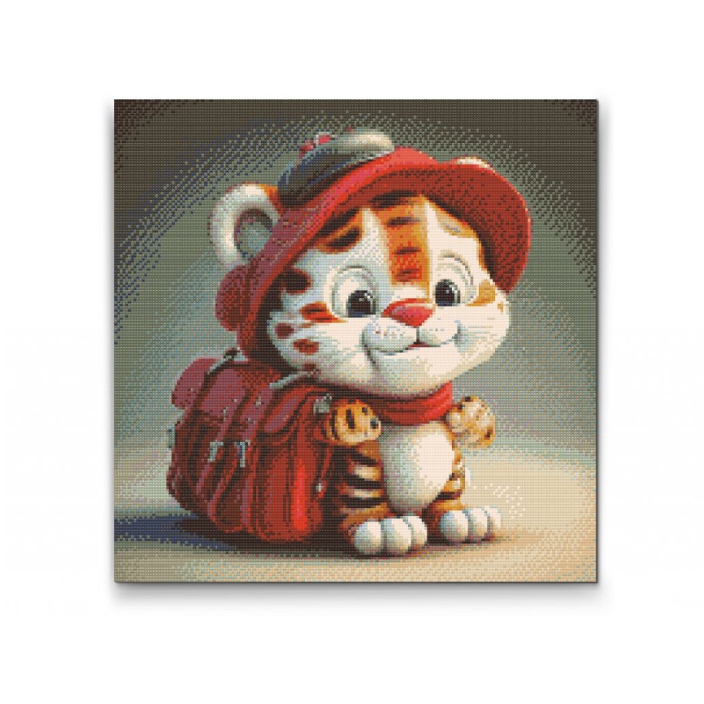 Sød tiger med rygsæk - Premium - Firkantede sten - 80 x 80 cm - med-saml-selv-ramme - Lærred, sten, pen, bakke, gele, poser til stenene