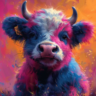 Farverig ko - Premium - Runde sten - 80 x 80 cm - med-saml-selv-ramme - Lærred, sten, pen, bakke, gele, poser til stenene