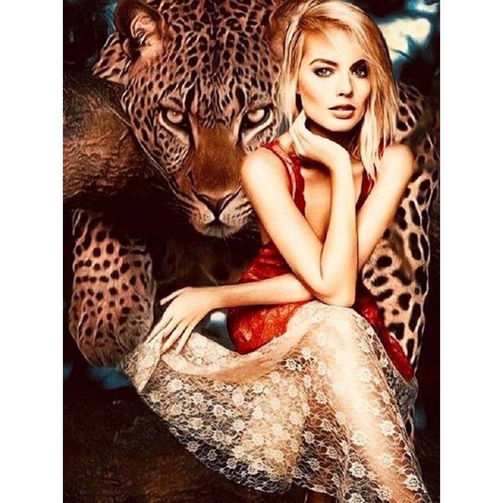 Leopard med kvinde - Firkantede sten - 45 x 60 cm - Lærred, sten, pen, bakke, gele