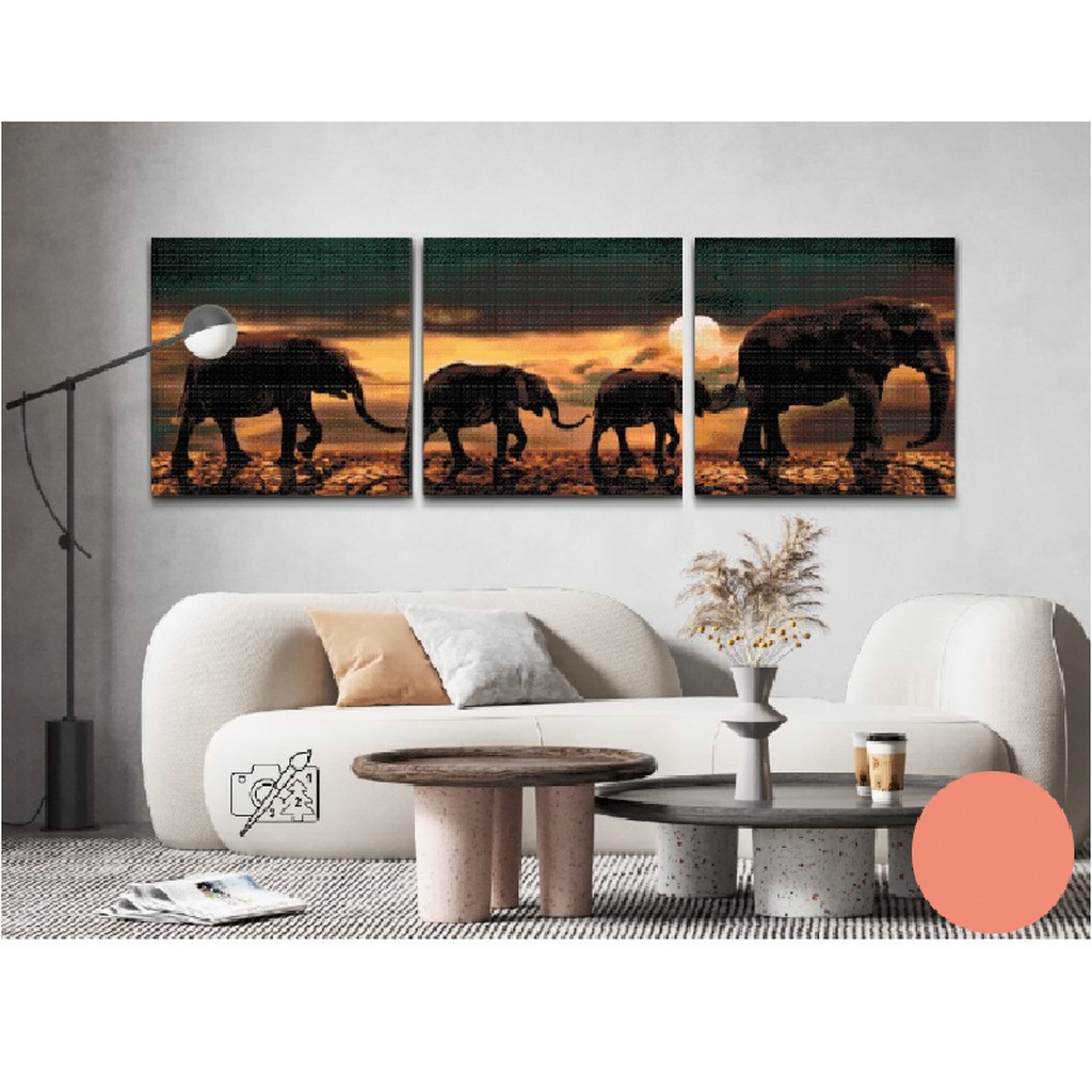 Elefanter marcherer gennem savannen - Premium - Firkantede sten - 3 x 50x50 cm. - Uden ramme - Lærred, sten, pen, bakke, gele, poser til stenene
