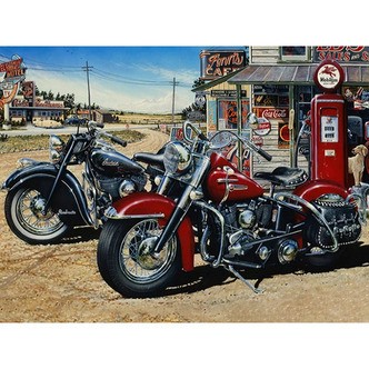 Motorcykler ved tankstation - Runde sten - 80 x 60 cm - Lærred, sten, pen, bakke, gele, poser til stenene