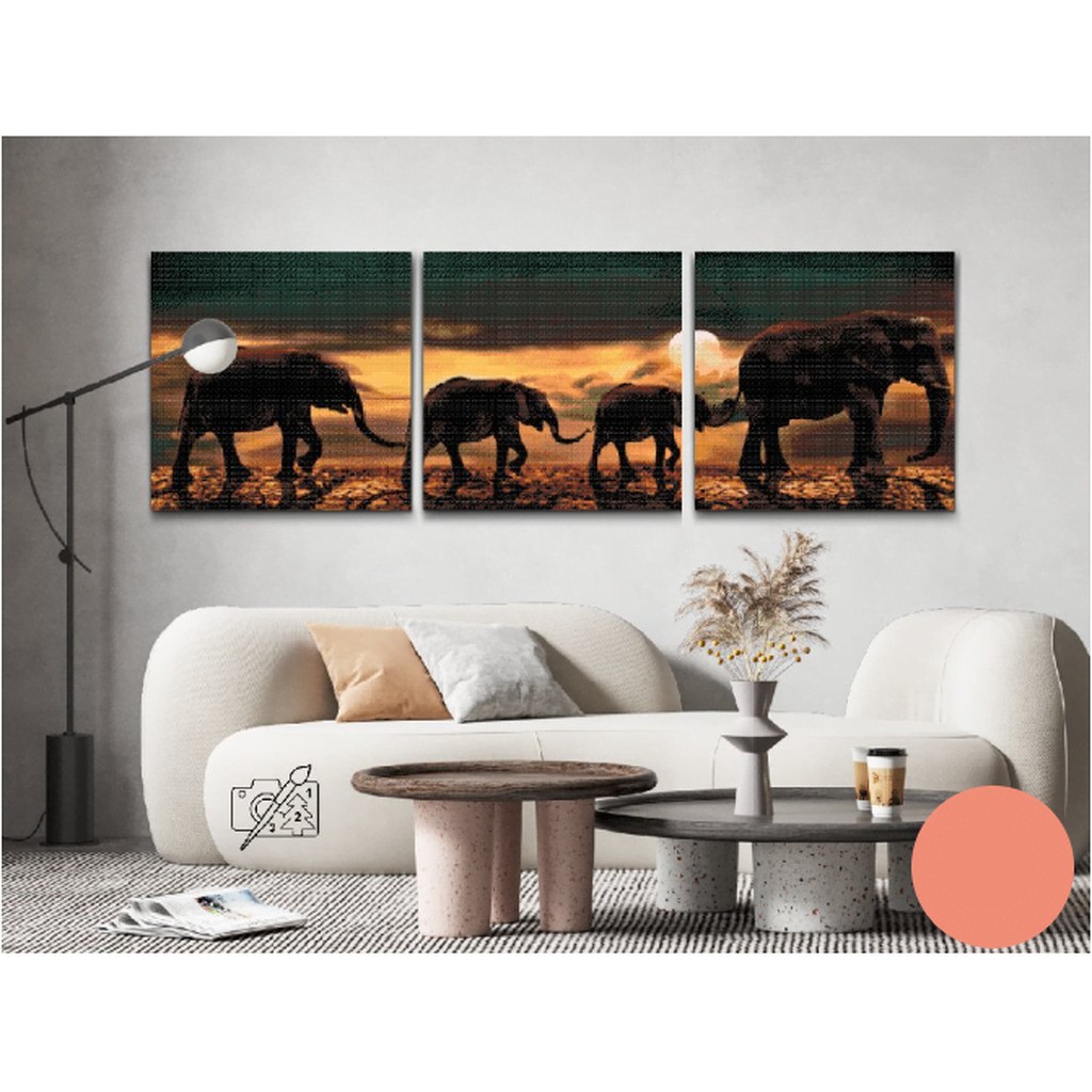 Elefanter marcherer gennem savannen - Premium - Runde sten - 3 x 50x50 cm. - Med ramme - Lærred, sten, pen, bakke, gele, poser til stenene