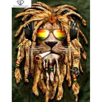 Rasta Løve - Firkantede sten - 60 x 80 cm - Lærred, sten, pen, bakke, gele, poser til stenene