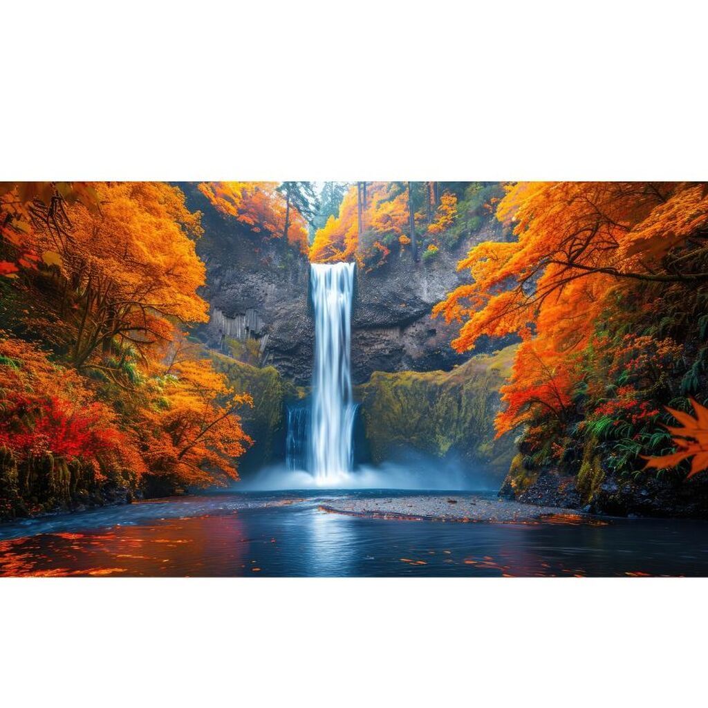 Vandfald blandt efterårstræer - Premium - Runde sten - 60 x 40 cm - Lærred, sten, pen, bakke, gele, poser til stenene - Opspændt på ramme