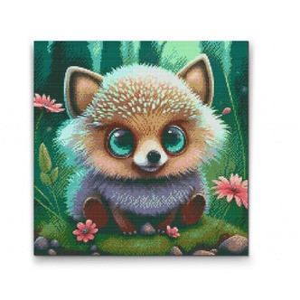 Pindsvin med grønne øje - Premium - Runde sten - 80 x 80 cm - med-saml-selv-ramme - Lærred, sten, pen, bakke, gele, poser til stenene