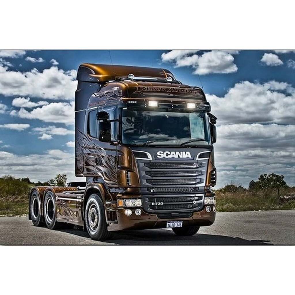 Scania lastbil - Firkantede sten - 90 x 60 cm - Lærred, sten, pen, bakke, gele