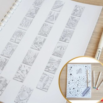 Sommer - bog med 20 motiver i mal med prikker - Sort, rød, grøn og blå (1 pen i hver farve)