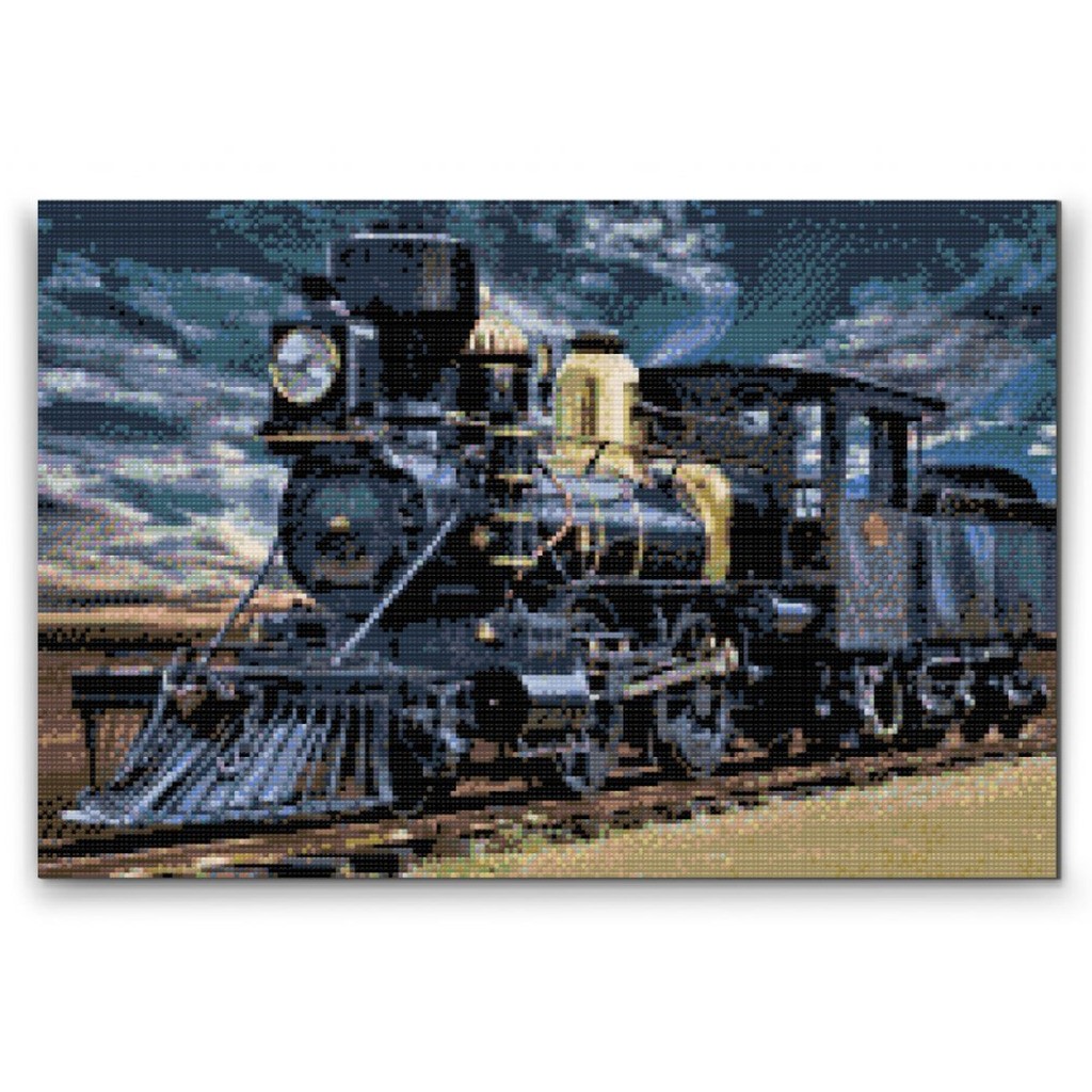 Kul lokomotiv - Premium - Firkantede sten - 60 x 40 cm - Lærred, sten, pen, bakke, gele, poser til stenene - med-saml-selv-ramme