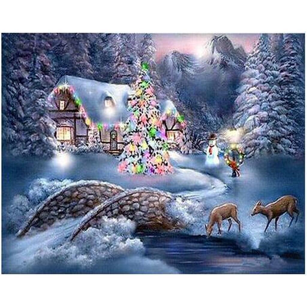 Hus med juletræ og rådyr - Firkantede sten - 60 x 45 cm - Lærred, sten, pen, bakke, gele, poser til stenene