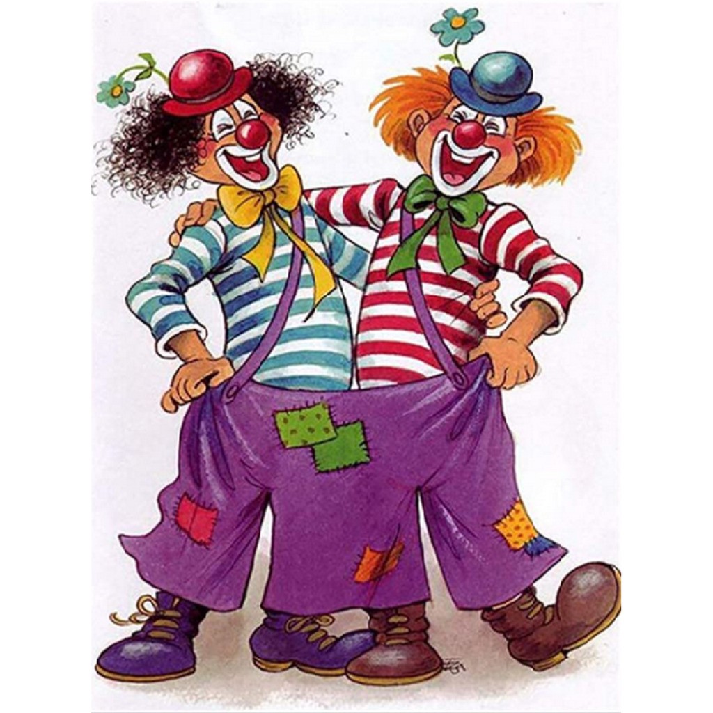 2 klovne - Firkantede sten - 45 x 60 cm - Lærred, sten, pen, bakke, gele