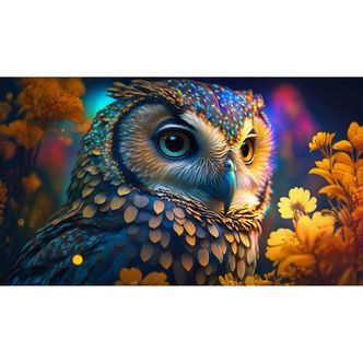Ugle og blomster - Premium - Firkantede sten - 120 x 80 cm - Lærred, sten, pen, bakke, gele, poser til stenene - Uden ramme