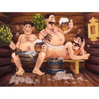 3 mænd i sauna - Runde sten - 50 x 70 cm - Lærred, sten, pen, bakke, gele