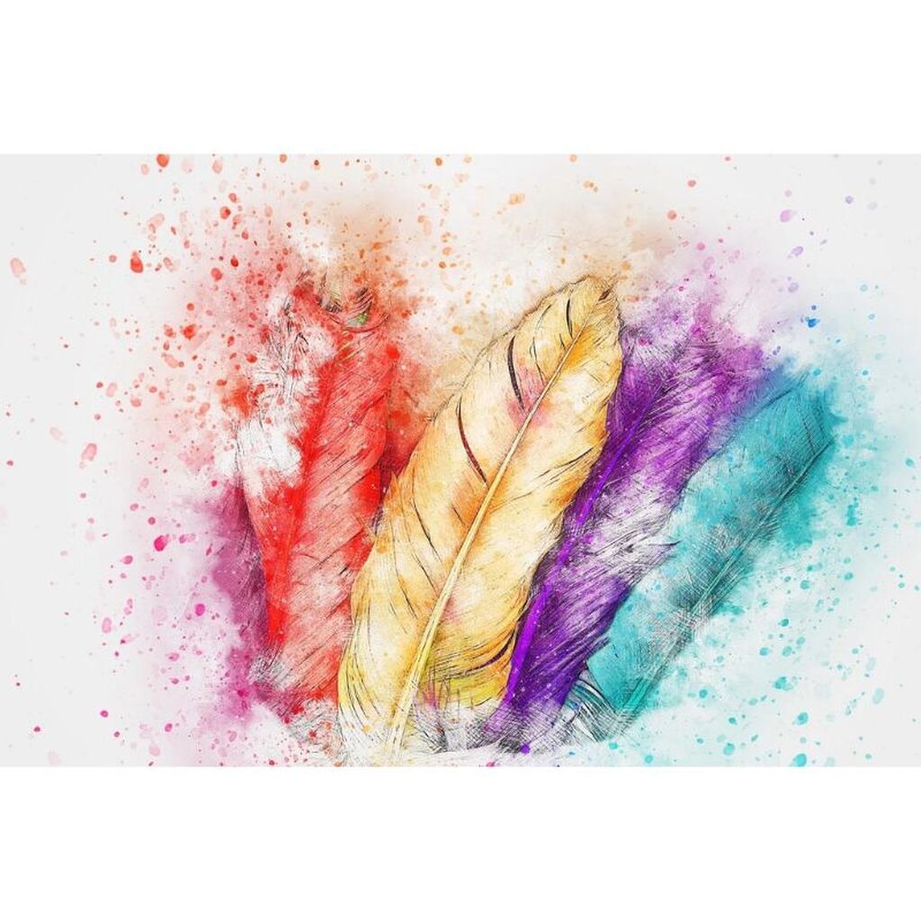 Farverige fjer - Premium - Firkantede sten - 60 x 40 cm - Lærred, sten, pen, bakke, gele, poser til stenene - med-saml-selv-ramme