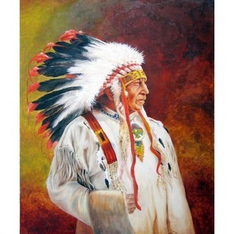 Indianerhøvding med sorte og hvide fjer - Firkantede sten - 50 x 60 cm - Lærred, sten, pen, bakke, gele