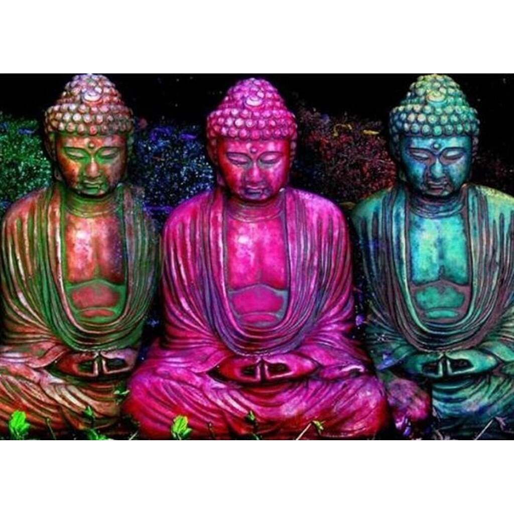3 Buddhaer i flere farver - Runde sten - 70 x 50 cm - Lærred, sten, pen, bakke, gele, poser til stenene