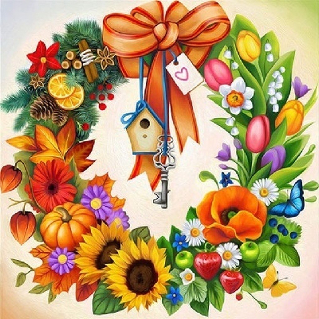 Blomsterkrans - Runde sten - 50 x 50 cm - Lærred, sten, pen, bakke, gele