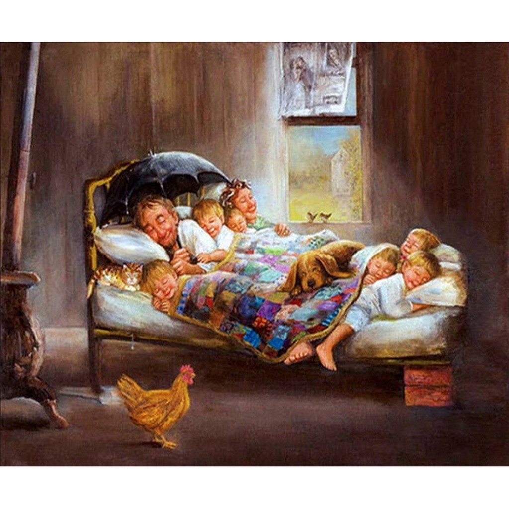 Familie sover i seng - Firkantede sten - 60 x 50 cm - Lærred, sten, pen, bakke, gele, poser til stenene