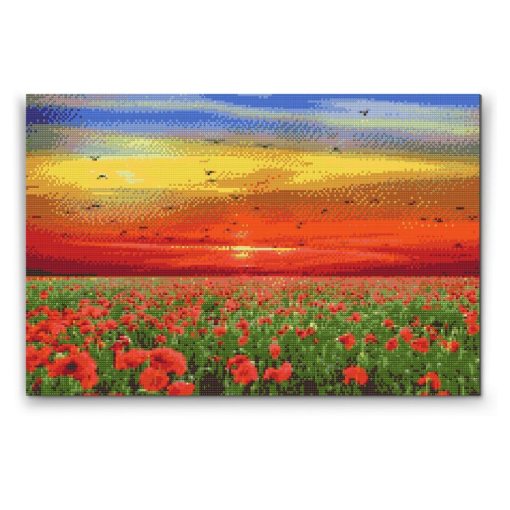 Valmuemark ved solnedgang - Premium - Runde sten - 80 x 60 cm - Lærred, sten, pen, bakke, gele, poser til stenene - Opspændt på ramme