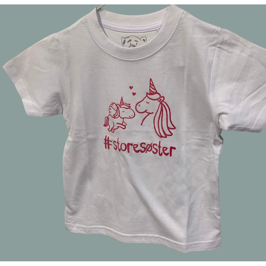 #Storesøster T-shirt S/S Enhjørning, Hvid Med Pink Krystalina - Jeg skal være storesøster T-Shirt - Legekammeraten.dk