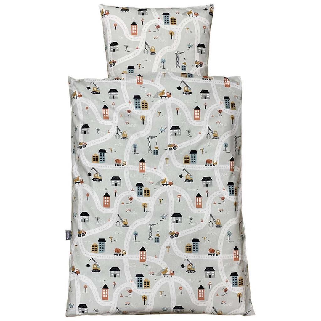 Junior Sengelinned - Dess. 1241 Lys Grå m/ Veje og Stopskilte