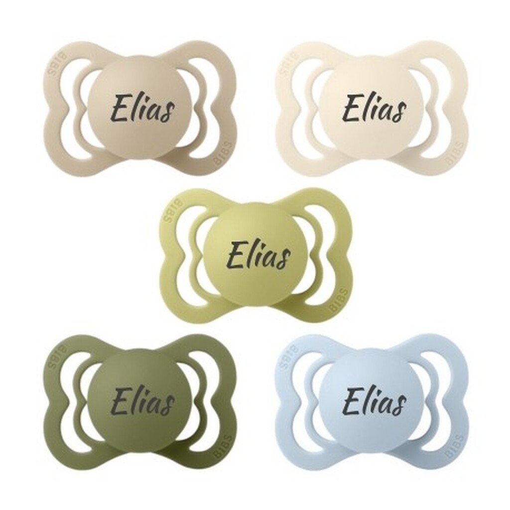 Bibs Supreme, Str. 1 (0-6 Mdr.),  Symmetrisk - Latex, Sutter Med Navn , 5-pak