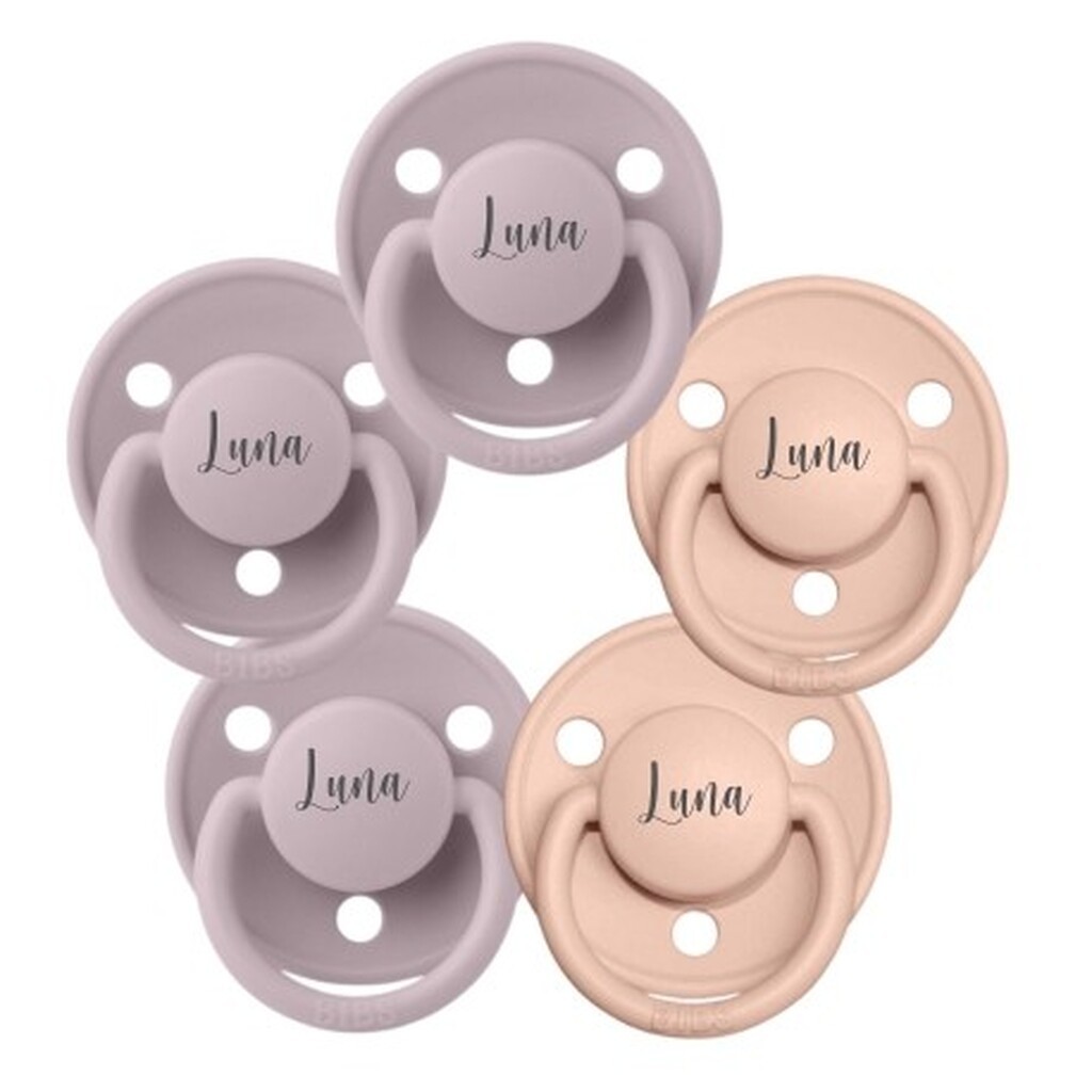 Bibs De Lux, Str. 1 (0-6 Mdr.) ,  Rund - Latex, Sutter Med Navn ,  5-pak