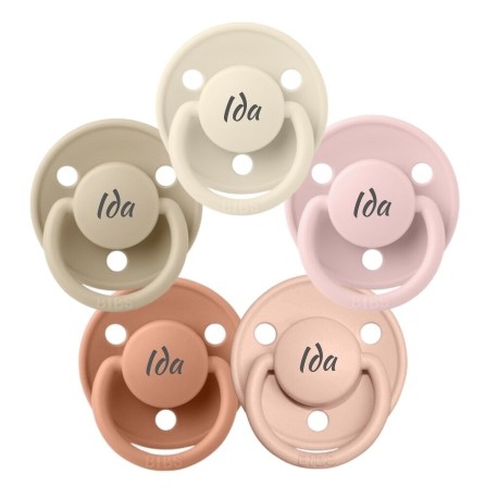 Bibs De Lux, Str. 1 (0-6 Mdr.) ,  Rund - Latex, Sutter Med Navn, 5-pak