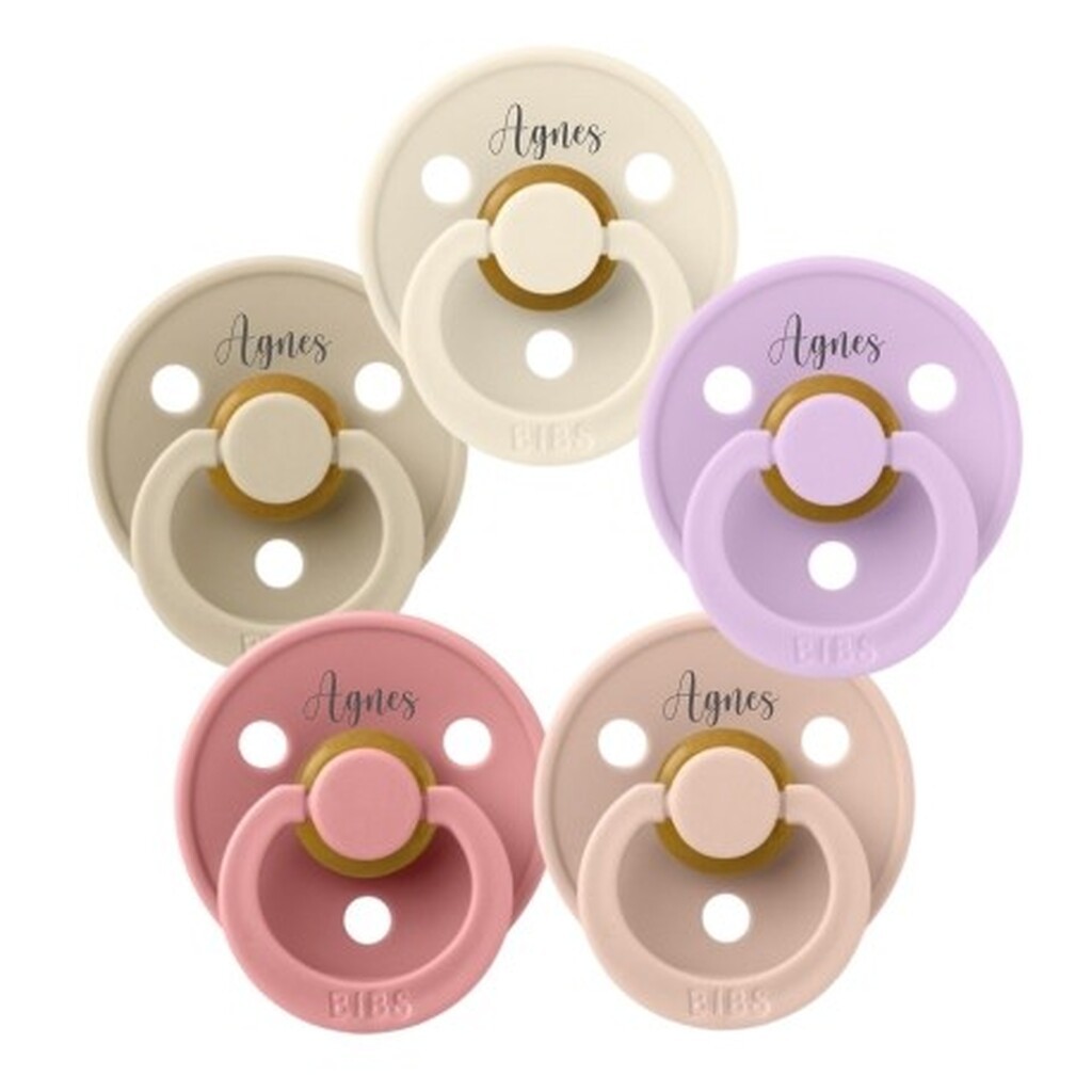 Bibs Colour,  Str. 1 (0-6 Mdr.), Symmetrisk - Latex, Sutter Med Navn , 5-pak