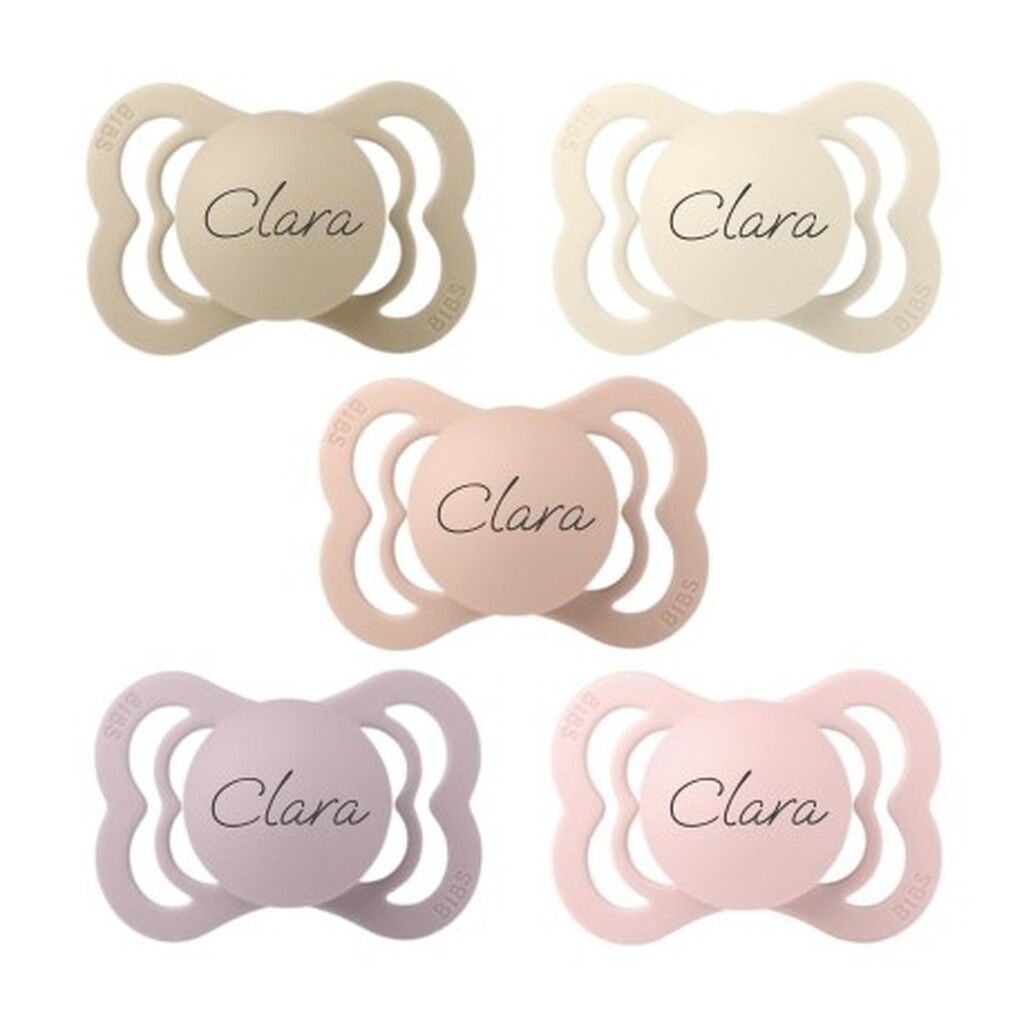 Bibs Supreme, Str. 1 (0-6 Mdr.), Symmetrisk - Silikone, Sutter Med Navn , 5-pak
