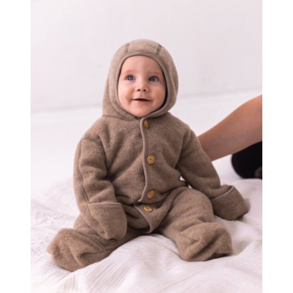 Heldragt Med Hætte Og Knapper I 100% Merino Uldfleece, Oeko-texÂ®, Beige Melange