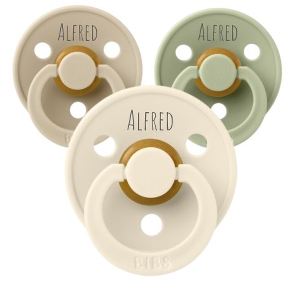 Bibs Colour, Str. 1 (0-6 Mdr.) , Rund - Latex, Sutter Med Navn, 5-pak