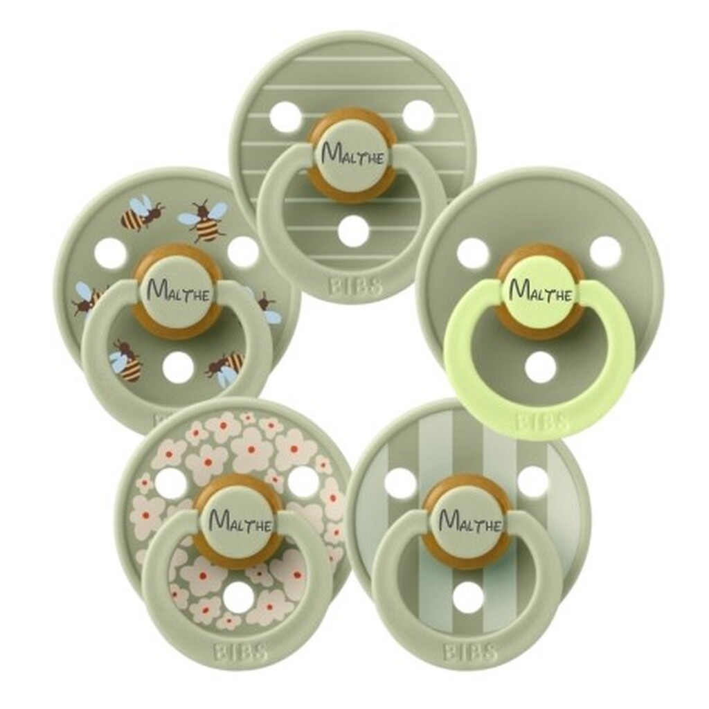 Bibs Studio Line, Str. 2 (6+ Mdr.), Rund - Latex, Sutter Med Navn, 5-pak