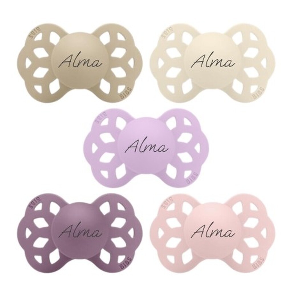 Bibs Infinity,  Str. 1 (0-6 Mdr.), Anatomisk - Silikone, Sutter Med Navn , 5-pak