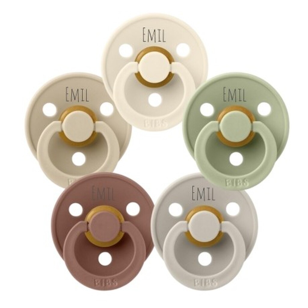 Bibs Colour, Str. 2 (6+ Mdr.), Symmetrisk - Latex, Sutter Med Navn , 5-pak