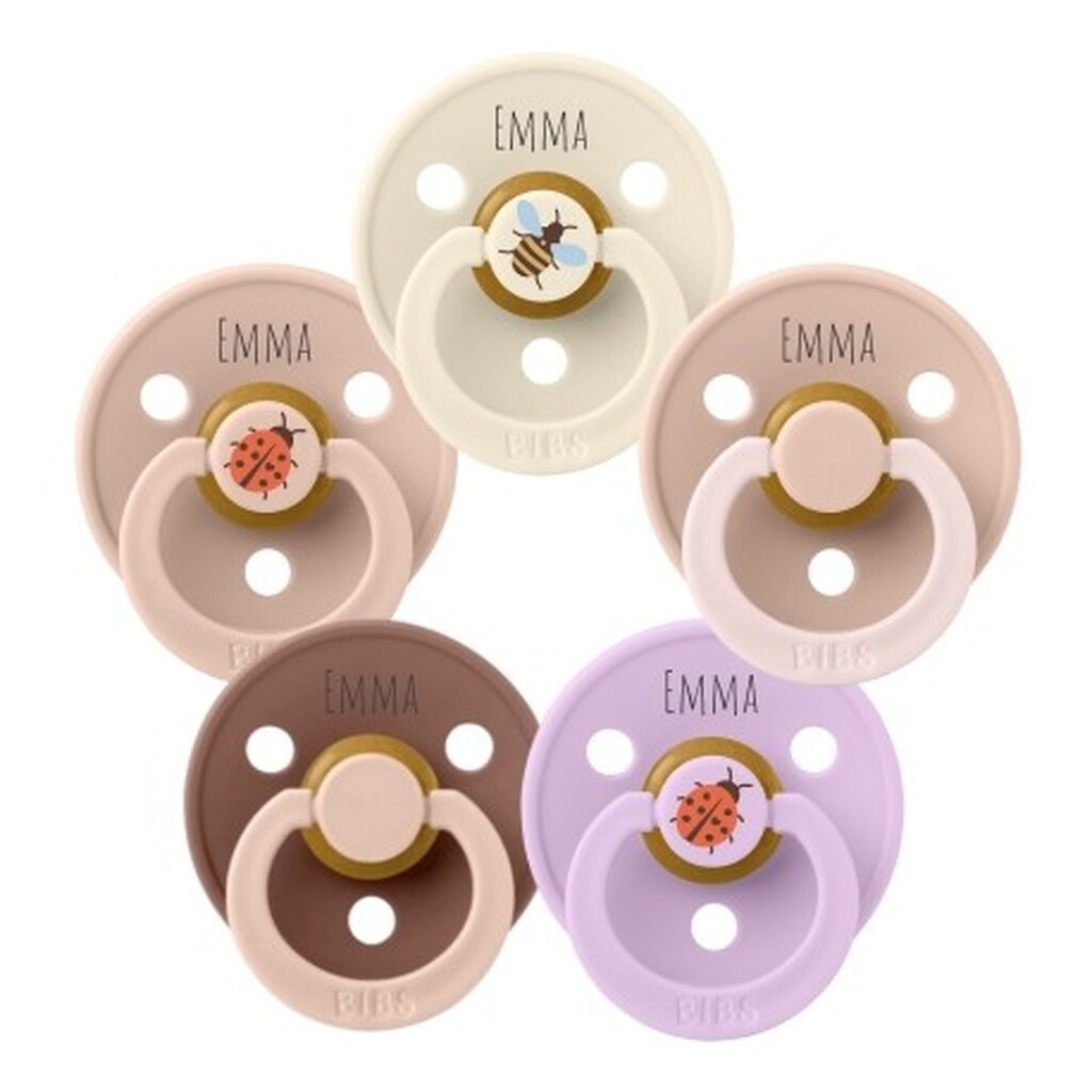 Bibs Studio Line, Str. 1 (0-6 Mdr.), Rund - Latex, Sutter Med Navn, 5 Pak