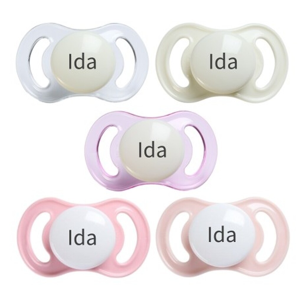 Esska Happy Mini Night,  Str. 1 (0-6 Mdr.), Symmetrisk - Silikone, Sutter Med Navn , 5-pak