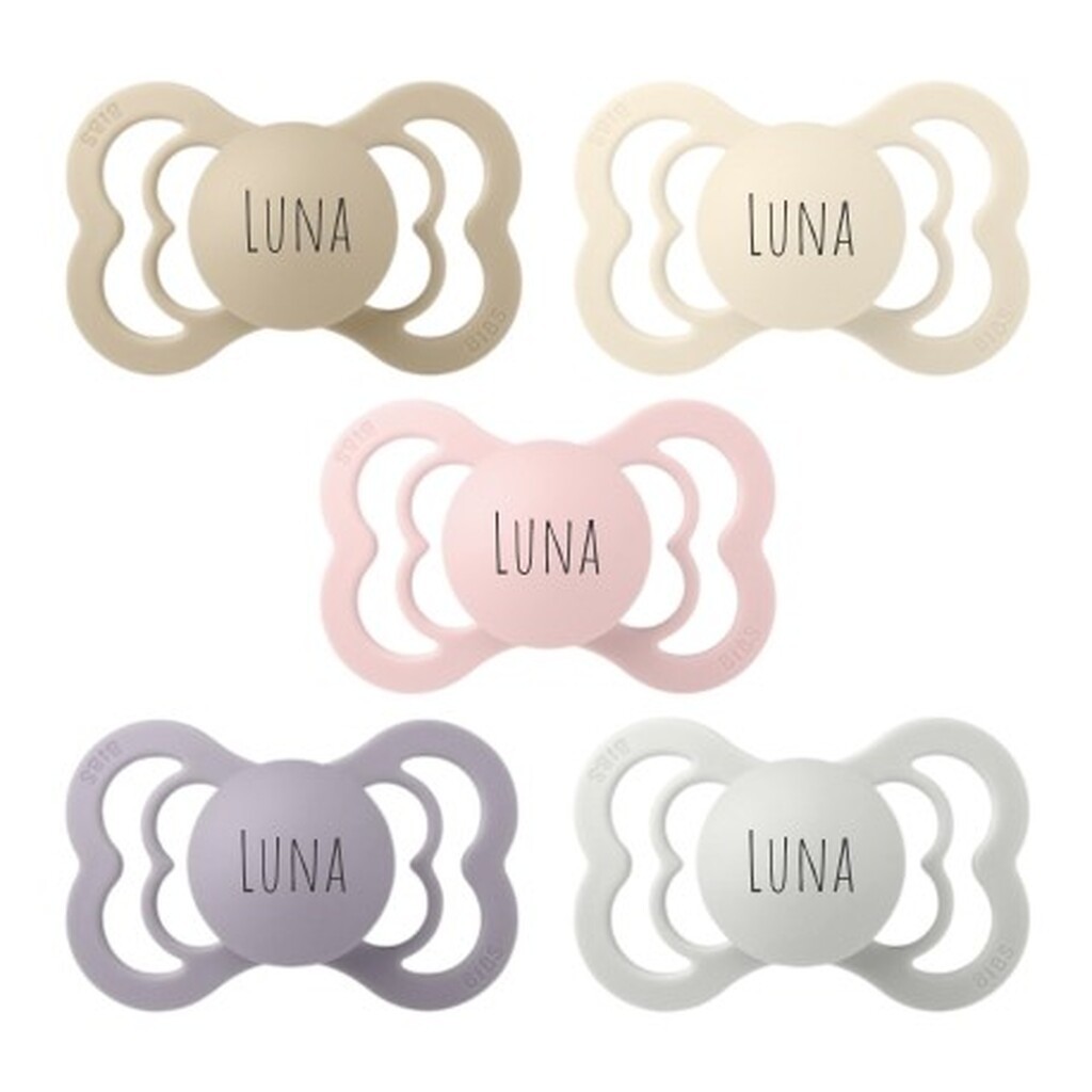 Bibs Supreme, Str. 2 (6+ Mdr.), Symmetrisk - Silikone, Sutter Med Navn , 5-pak