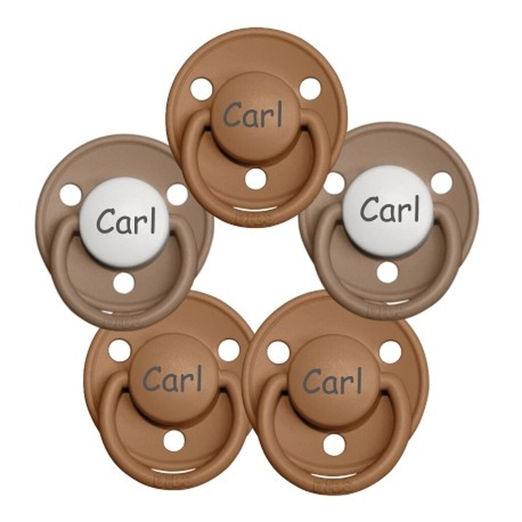 Bibs De Lux, Str. 1 (0-6 Mdr.) ,  Rund - Latex, Sutter Med Navn ,  5-pak