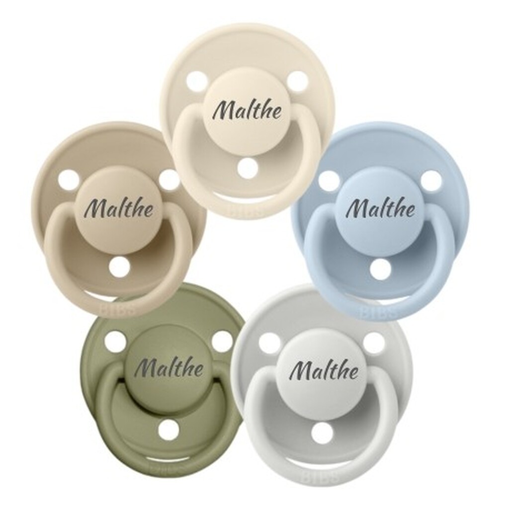 Bibs De Lux, One Size (0-36 Mdr.), Rund - Silikone, Sutter Med Navn ,  5-pak