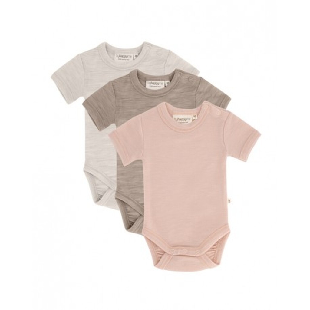 Body Med Kort Ærme Og Knaplukning Over Den Ene Skulder Til Baby, I 100% Økologisk Merino Uld, 3-pak