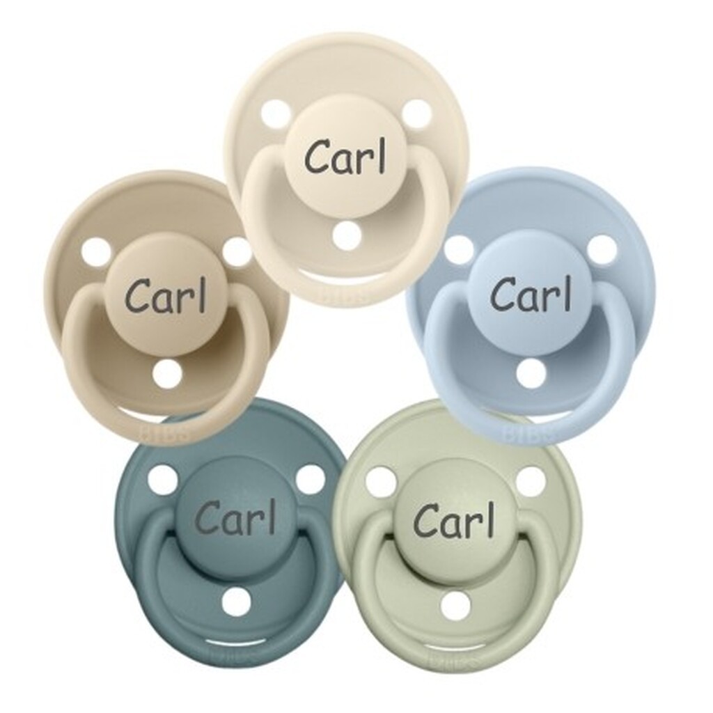 Bibs De Lux, Str. 1 (0-6 Mdr.) ,  Rund - Latex, Sutter Med Navn, 5-pak