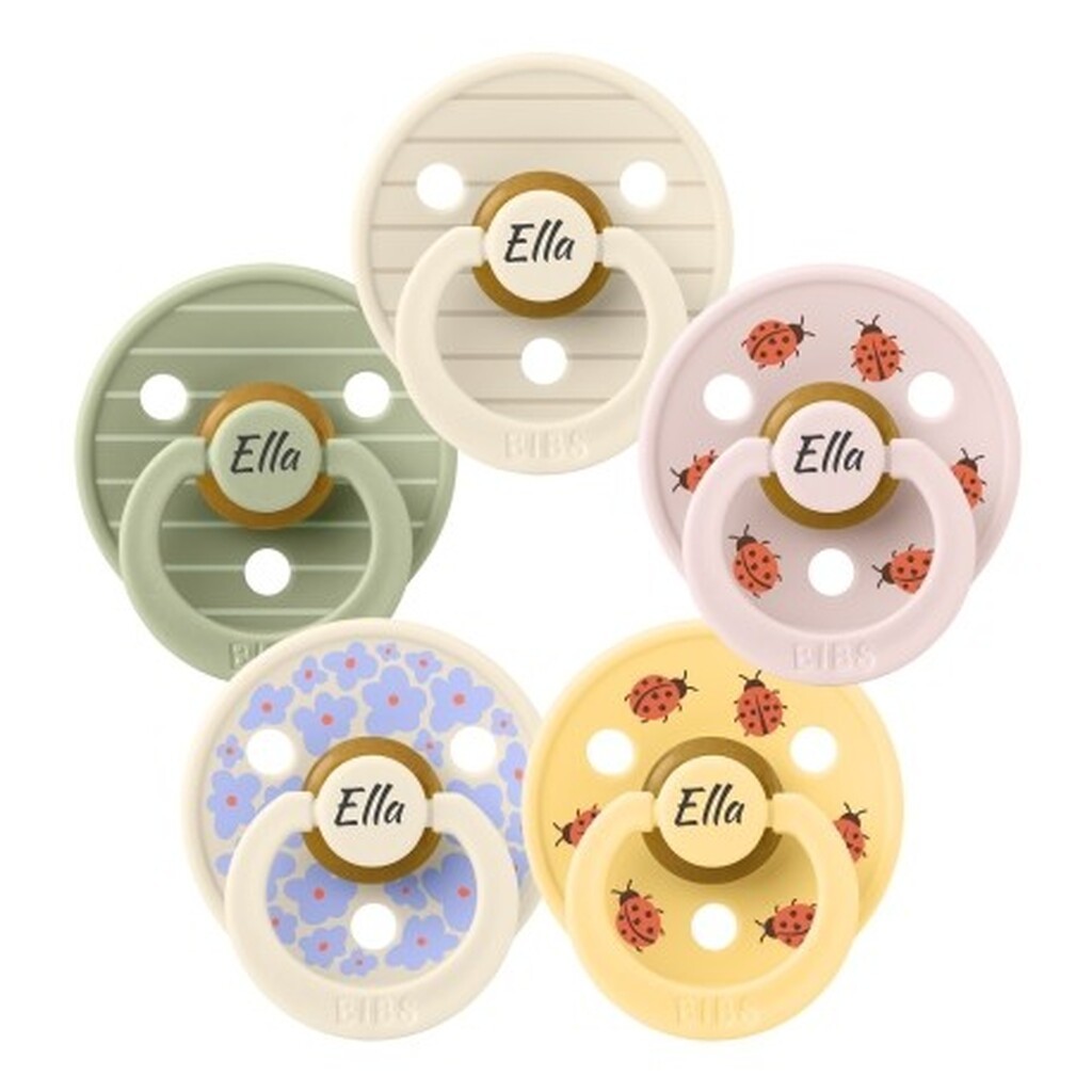 Bibs Studio Line, Str. 1 (0-6 Mdr.), Rund - Latex, Sutter Med Navn, 5-pak
